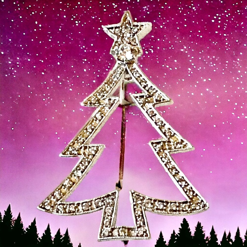 Vintage Silver Tone Pave Rhinestone Open Christmas Tree Silhouette Pin Brooch
